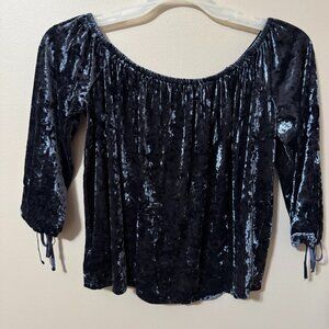 232 American Eagle Velvet Peasant Top | Crushed Velour Off-Shoulder Tie Sleeve